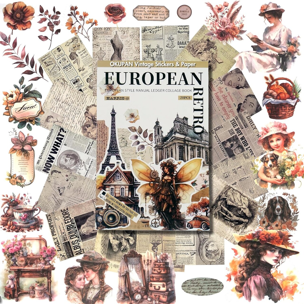 Vintage Scrapbook Stickers and Ephemera Pack 216 Washi Stickers & 30 Papers (Retro European) 8.78 x 6.89 x 0.51 inches